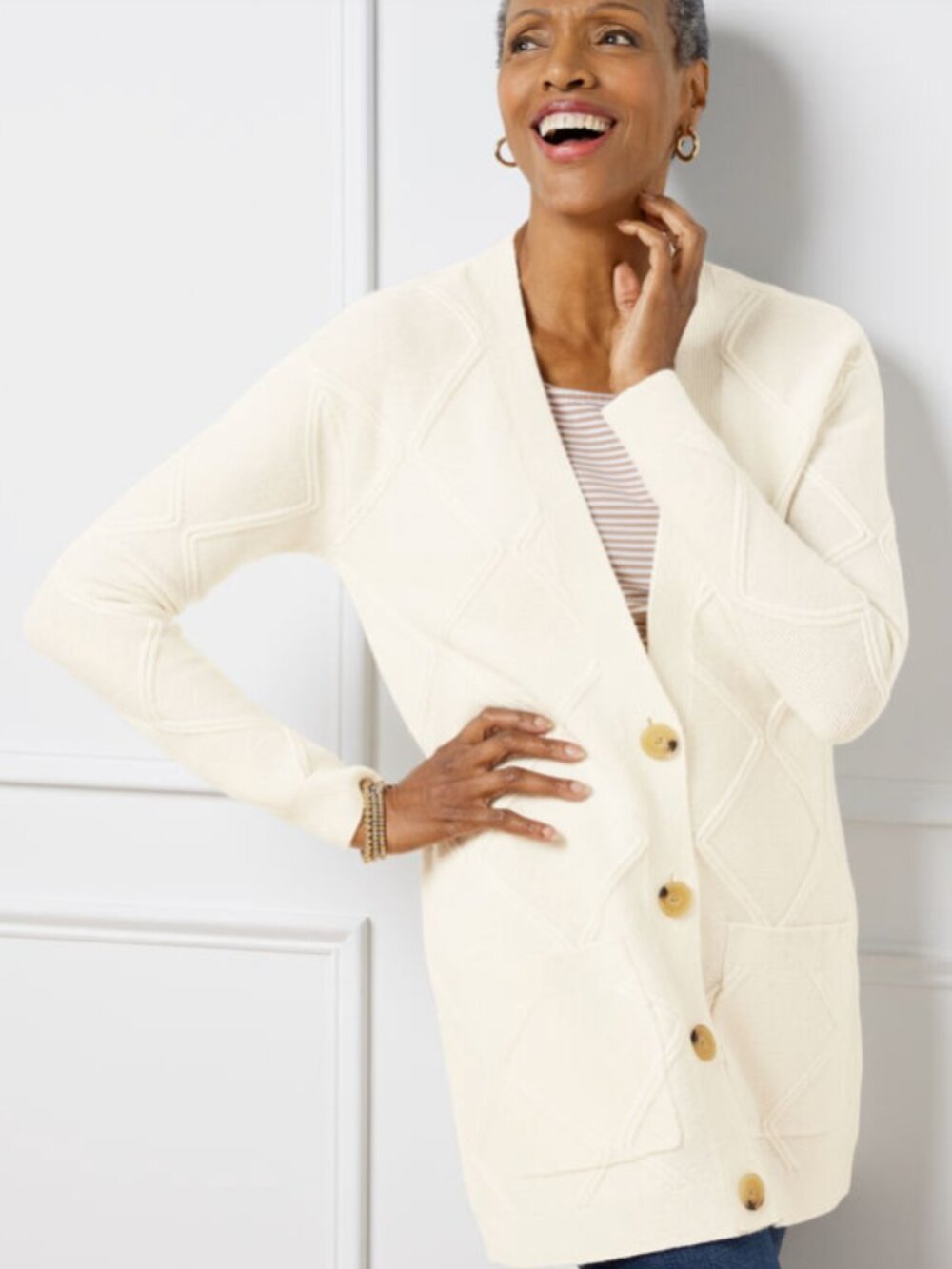 Talbots Cream Argyle Texture Cardigan Long-Lined Preppy Cashmere Blend Sz M